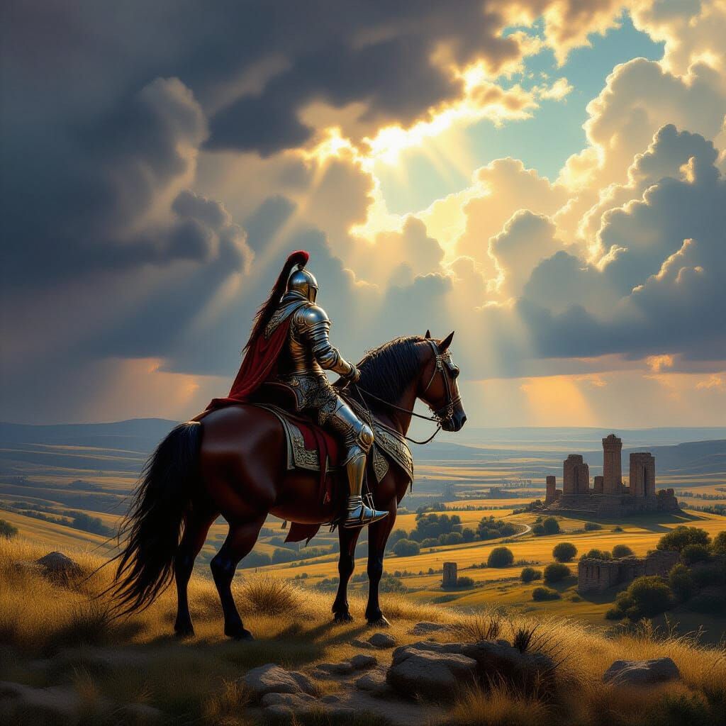 Knight Surveys Ruined Landscape Under Dramatic Sky