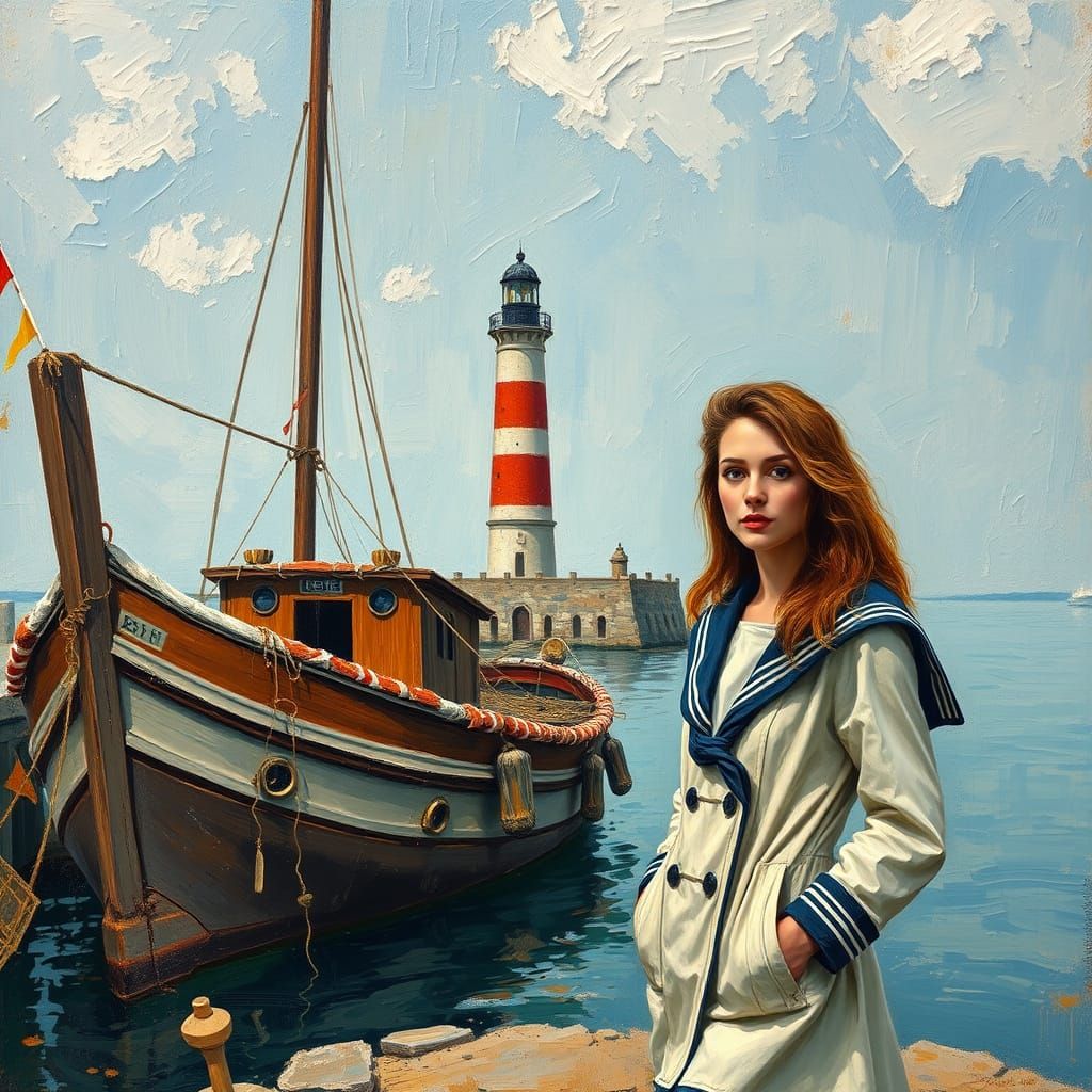 Impressionist Seascape: Woman, Boat, and Lighthouse