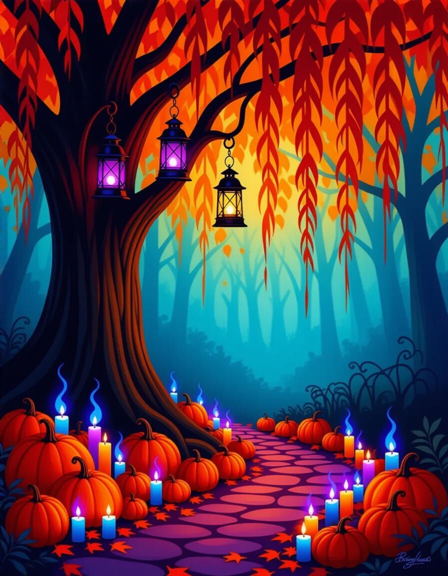 Enchanted Willow Tree with Glowing Lanterns and Pumpkin Path