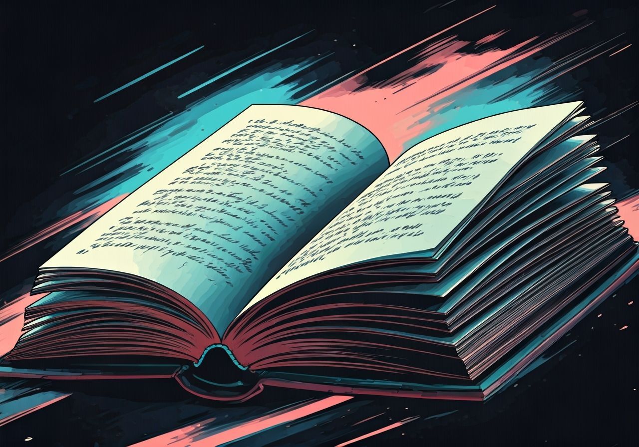 Gritty Graphic Novel Illustration of an Open Lore-Filled Boo...