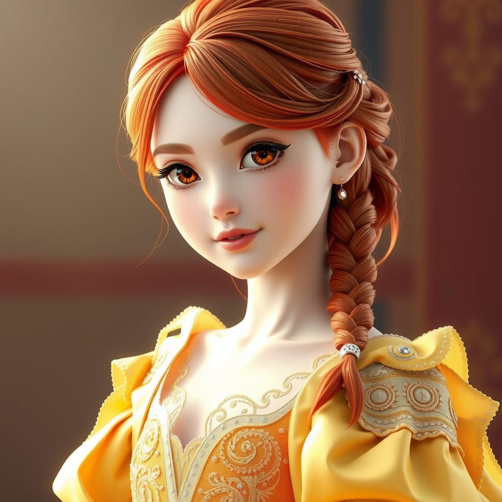 Red-Haired Girl in Yellow Gown: 3D Anime Art