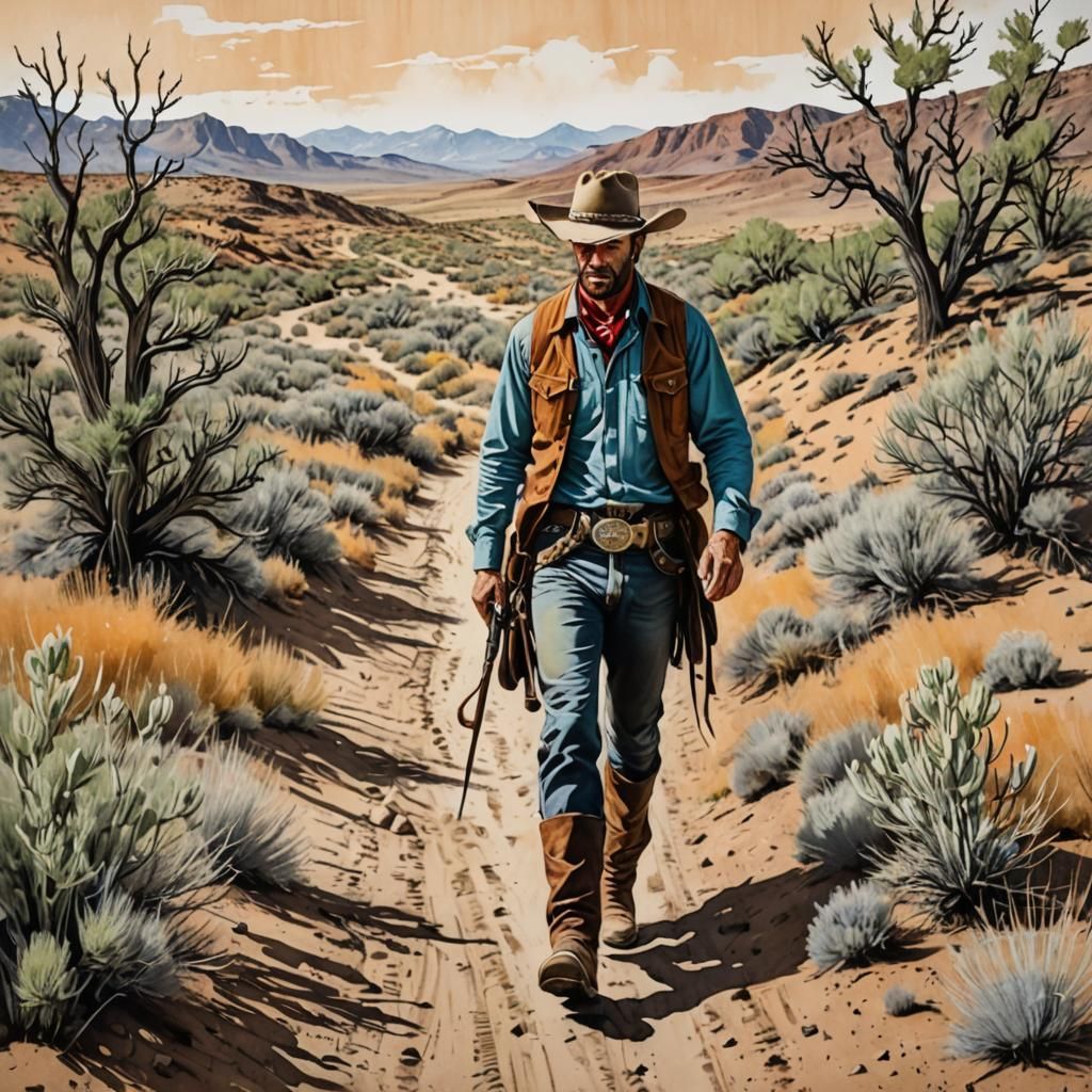 Cowboy Walking Through Sagebrush: Mixed Media Art