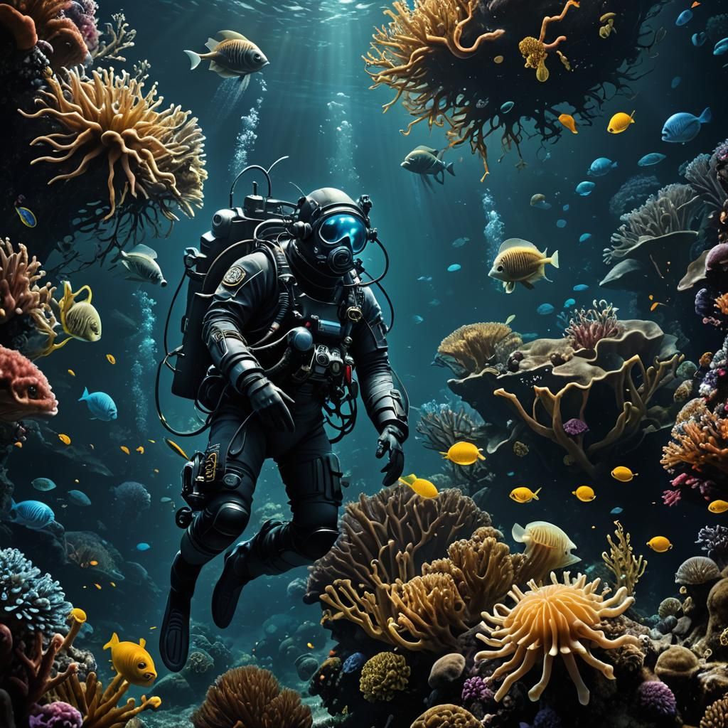 Deep-Sea Diver in Bioluminescent Underwater Abyss