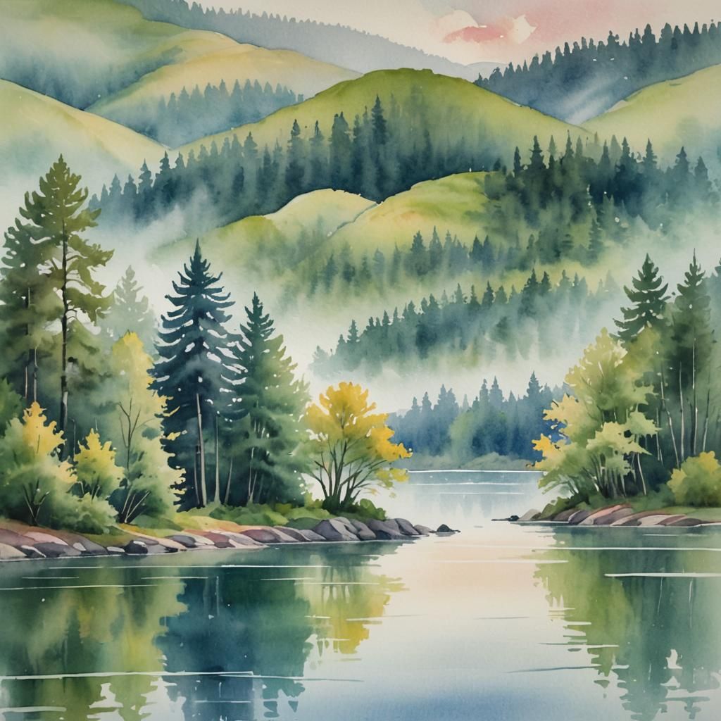 Watercolor Island Landscape in Pastel Colors