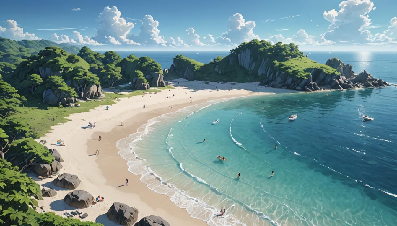 Distant Beach View in 3D Anime Style