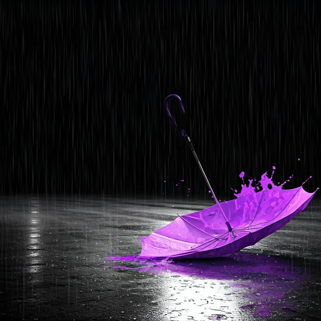 Monochrome Rainy Street Scene with Lilac Umbrella