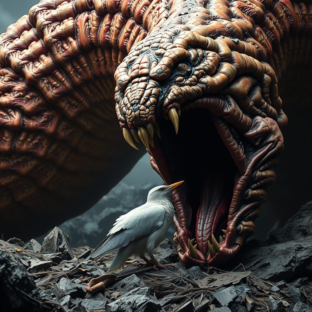 Menacing Worm Devouring Bird in Dramatic Style