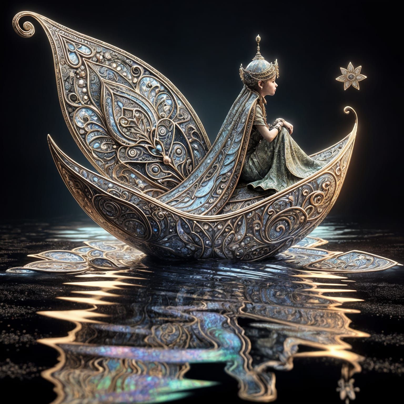 Surreal Paisley Fairy on Solarpunk Leaf Boat