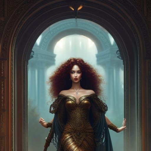 Red-Haired Goddess in Fantasy Gown, Hyperrealistic Art