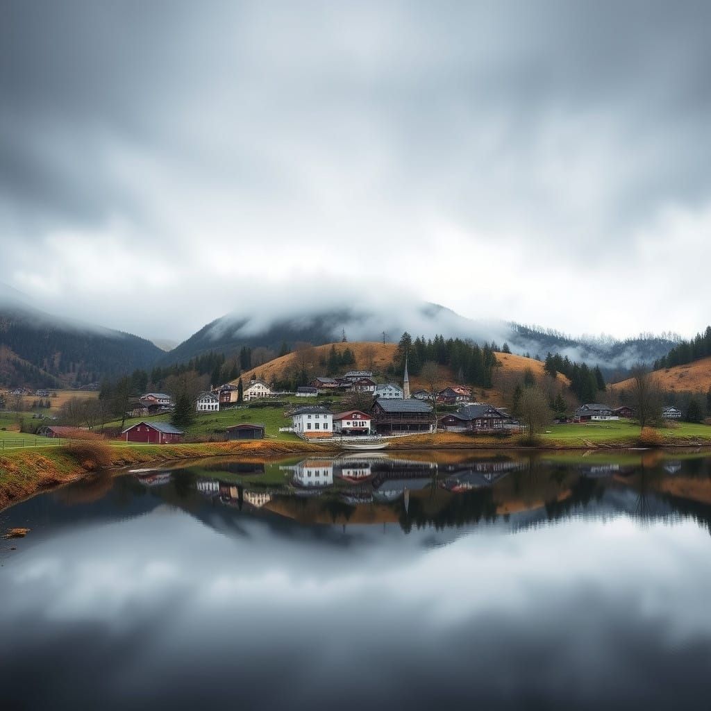 Serene Valley Village Reflected in Calming Pond