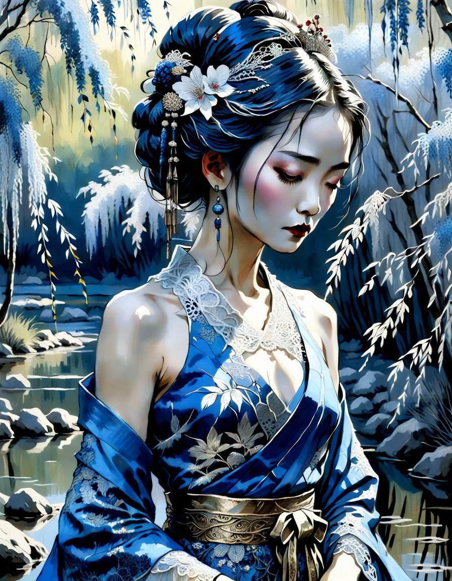 Geisha in Blue and Silver by Willow Pond