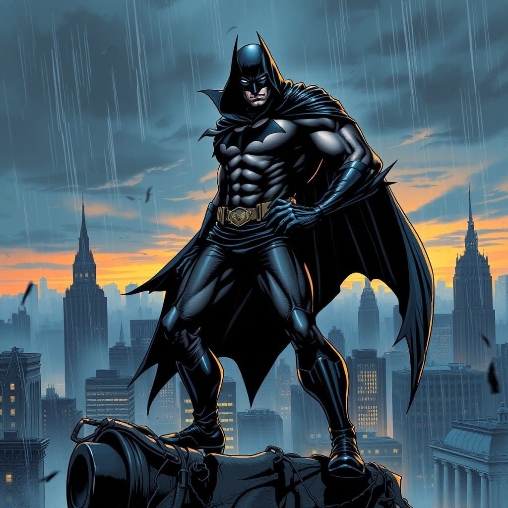 Gritty Superhero in Dark Cape Poses Heroically at Dusk