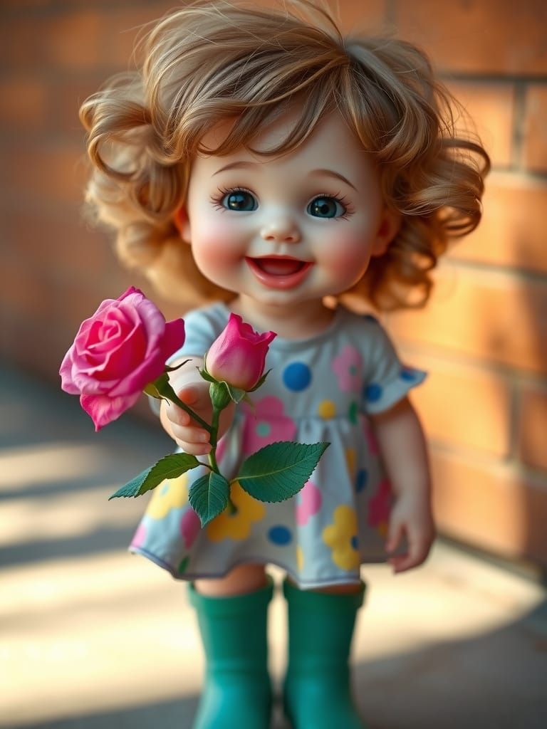 Joyful Doll-Like Girl in Colorful Dress and Rose