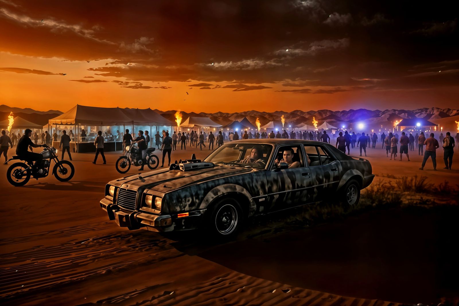 Lone Weathered Car in Post-Apocalyptic Desert Landscape