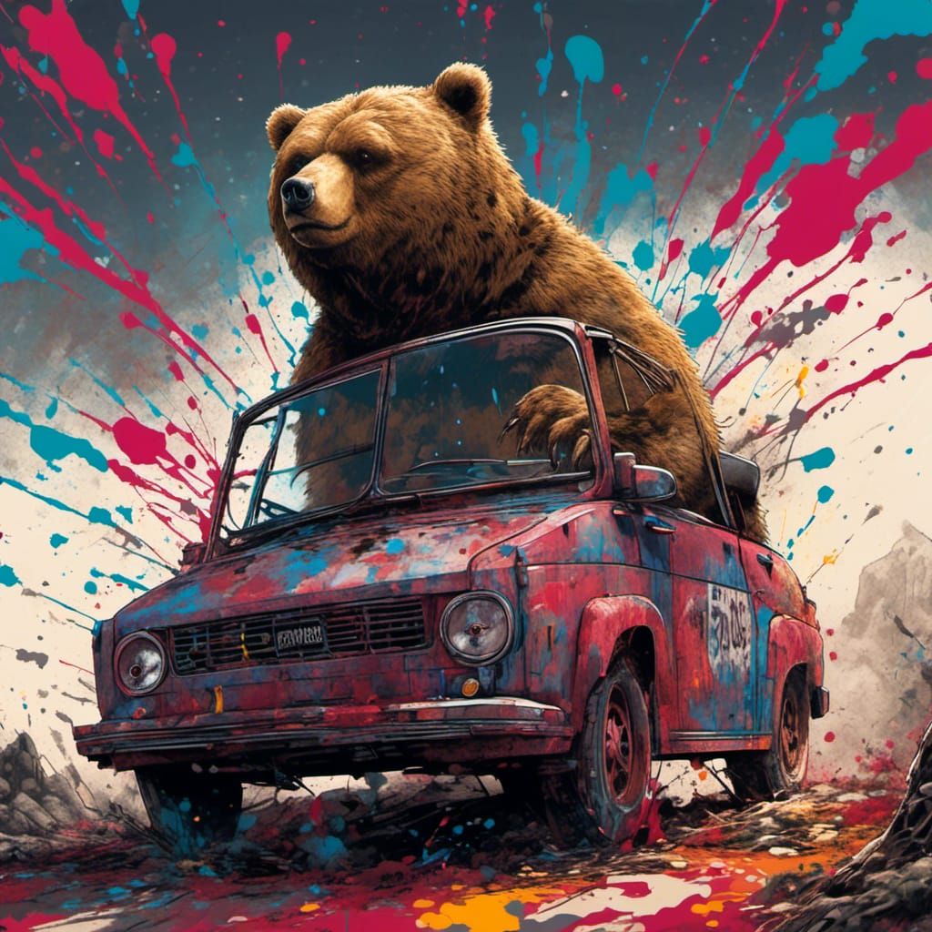 Soldier Bear in Car as Graffiti Art