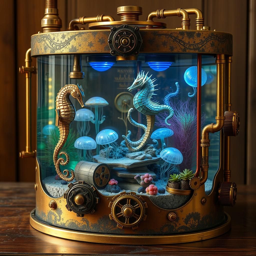 Steampunk Aquarium with Alien Seahorses and Bioluminescent F...