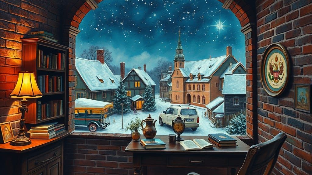 Neo-Impressionist Home Office Overlooking Snowy Village