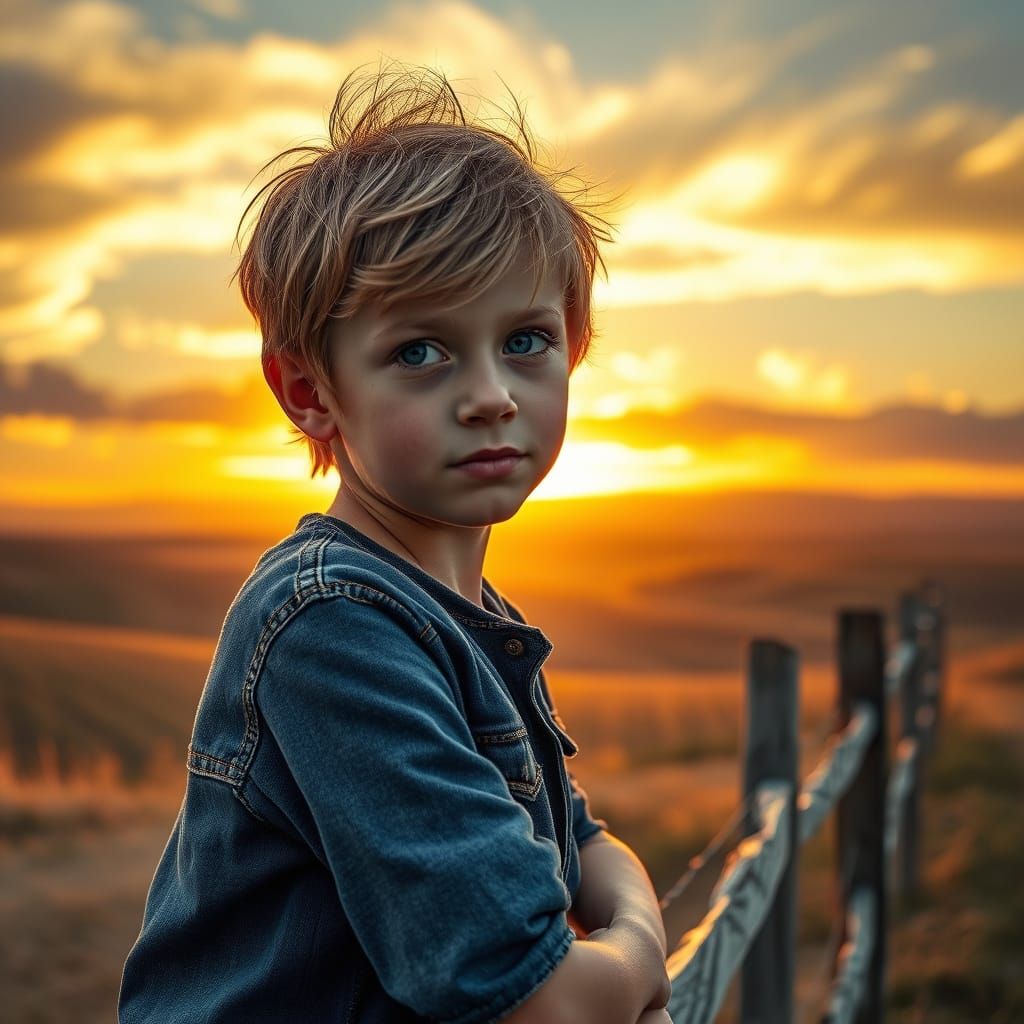 Boy Leaning on Fence at Sunset in Cinematic Style