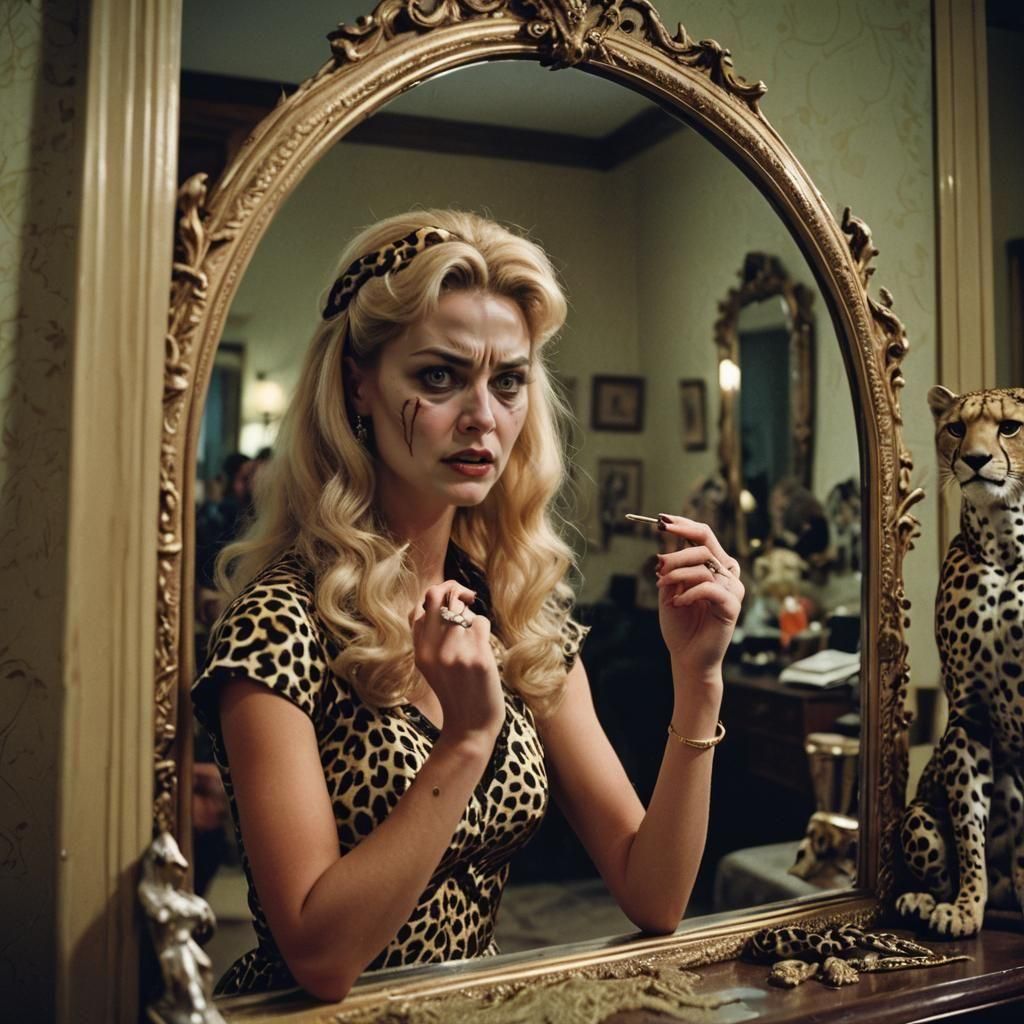 Cinematic Film Still of Woman Seeing Cheetah Demon
