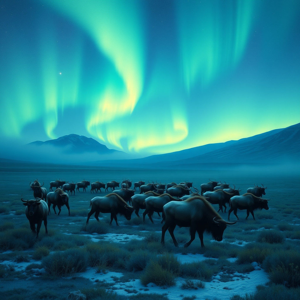 Caribou Graze Under Emerald Aurora: Dreamy Tundra Scene