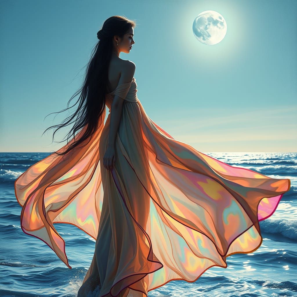 Woman in Shimmering Silk Gown Under Silver Moonlight