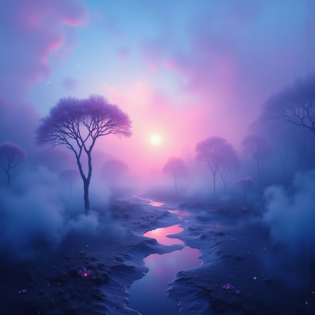 Dreamy Light Indigo Landscape in Cyberpunk Style