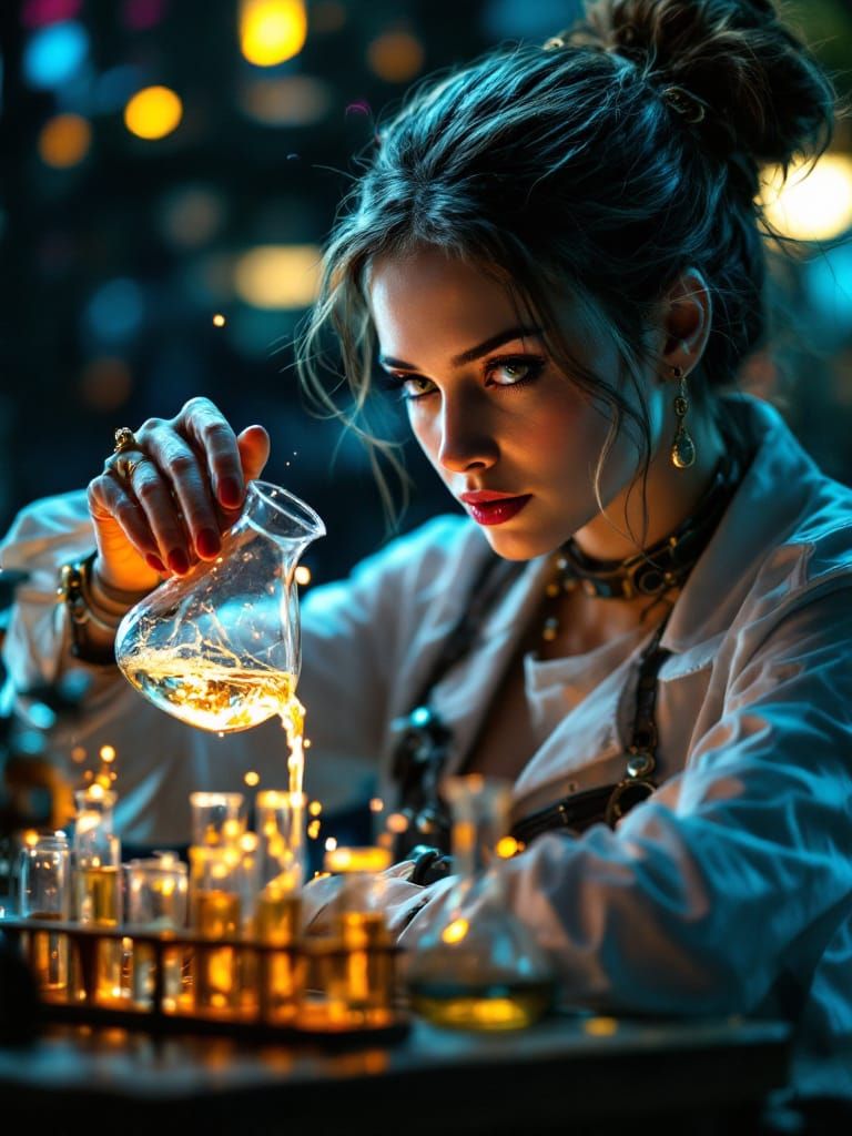 Steampunk Scientist Mixes Chemicals in Detailed Lab