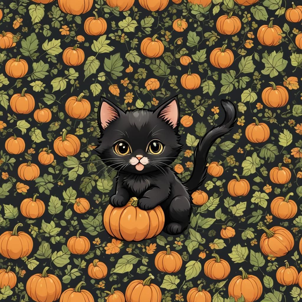 Cute Pumpkin-Headed Kitten in Pumpkin Patch