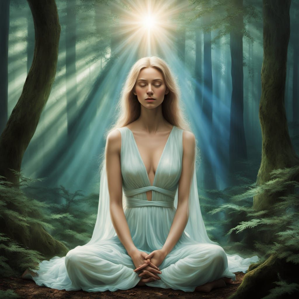 Serene Woman in Forest, Divine Light, Ethereal Style