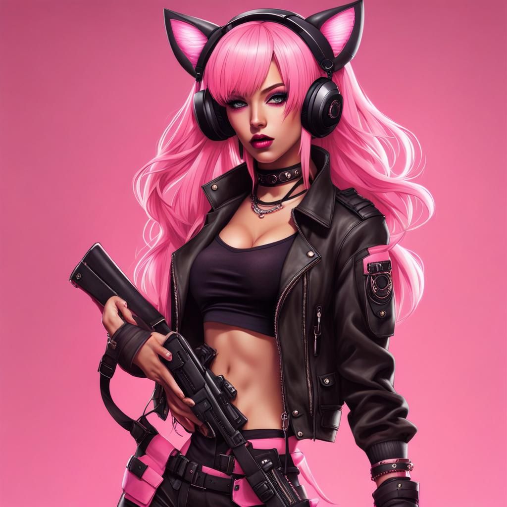Cyberpunk Girl with Kitten Ears and Pink Hair