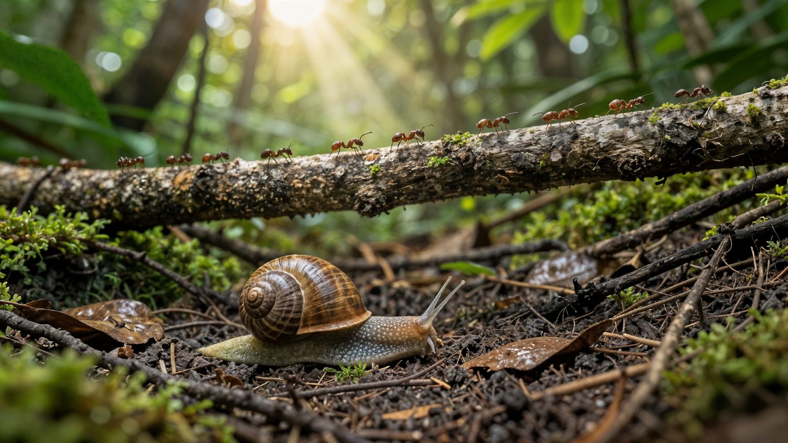 Snail Inspects Forest Floor in Detailed Undergrowth
