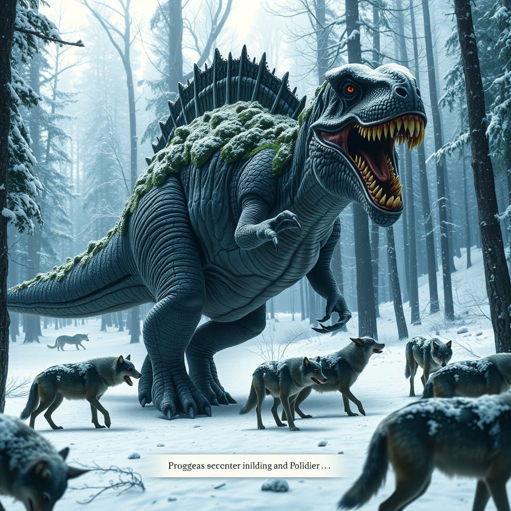 Angry Spinosaurus Defends Against Wolves in Winter