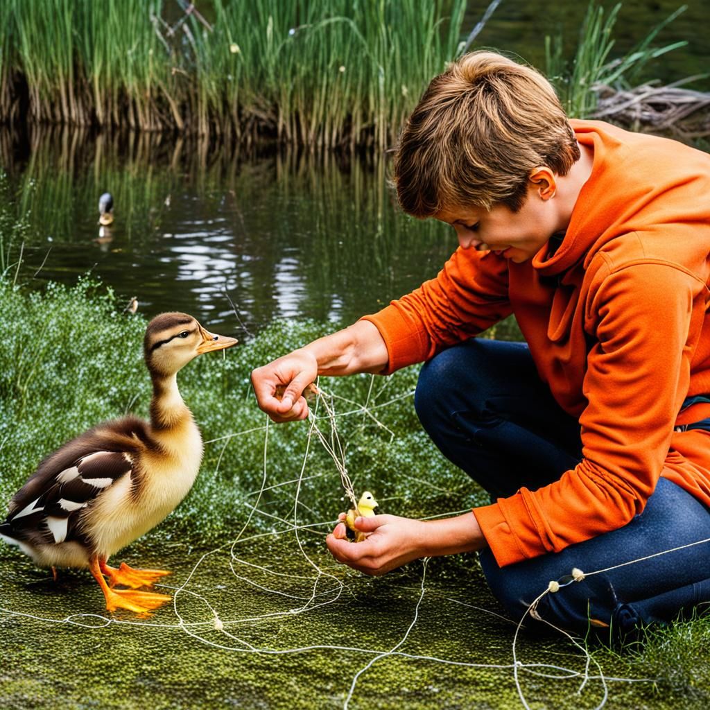 Fishing boy and goosling