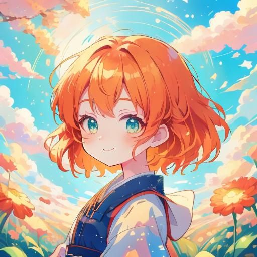 Anime Girl Portrait in Sunny Meadow, Kawaii Style
