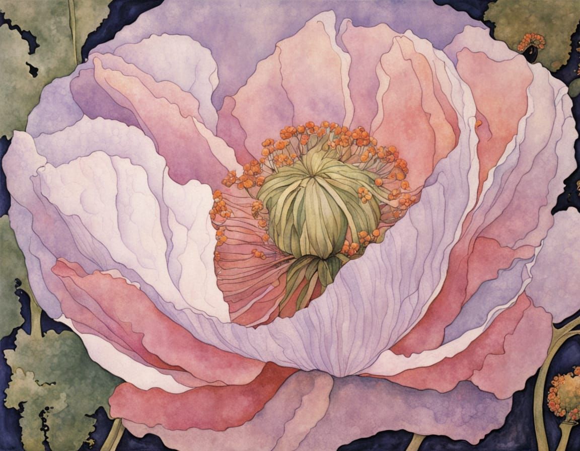Pink and Purple Poppy in Klimt Style