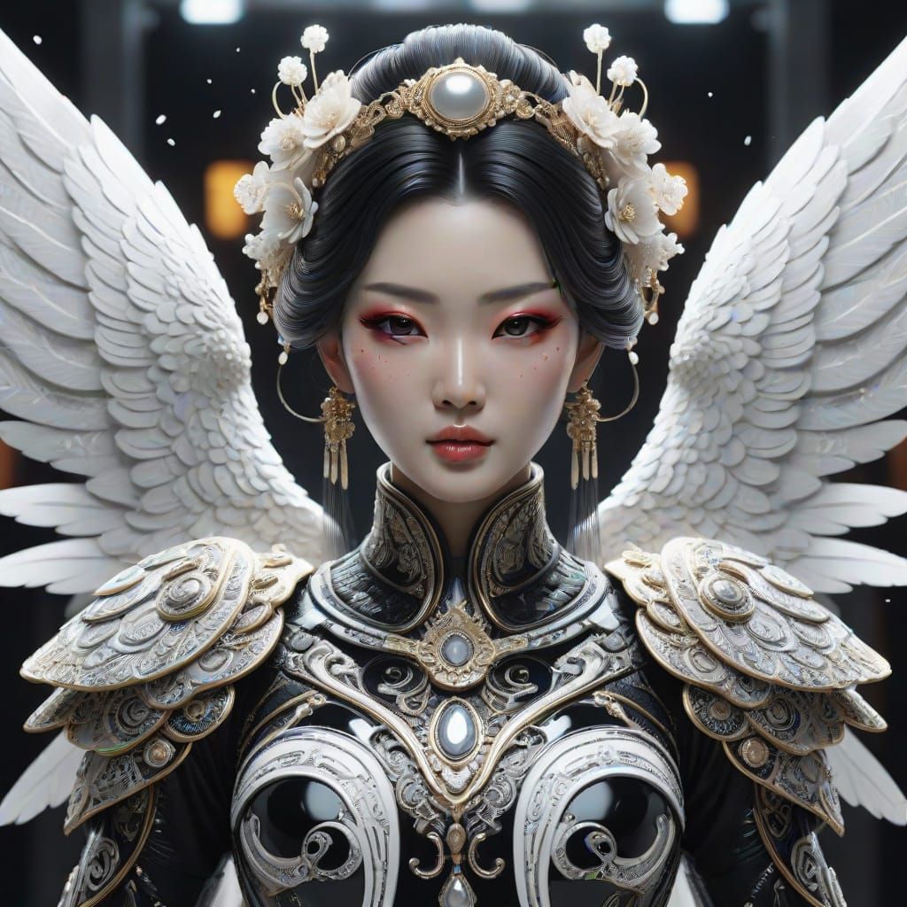 Futuristic Geisha Archangel Dematerializing in Light