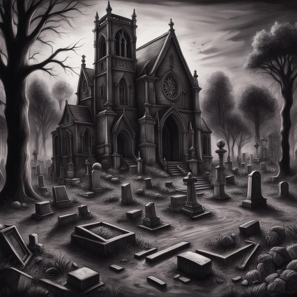 Gothic Graveyard Scene in Charcoal Style