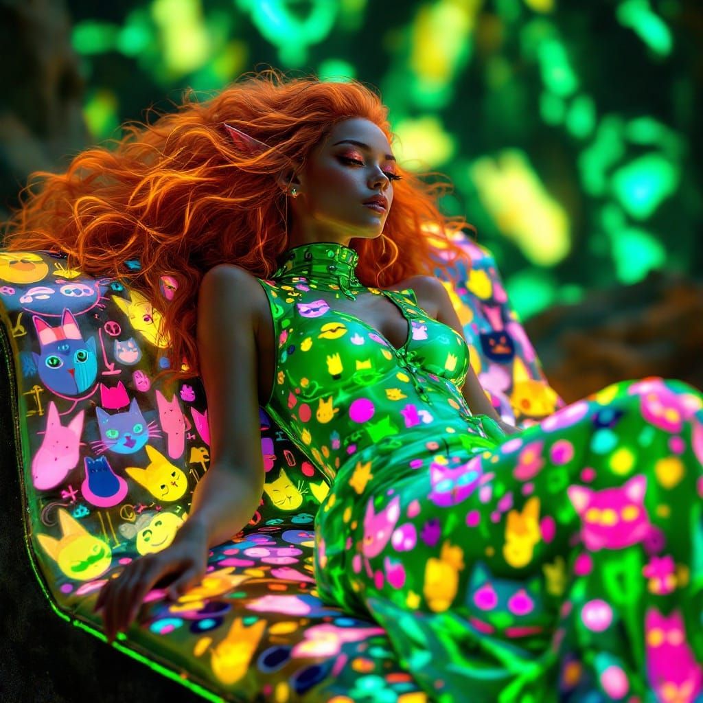 Sleek, Modern Elf in Neon-Glowing Glass Dress