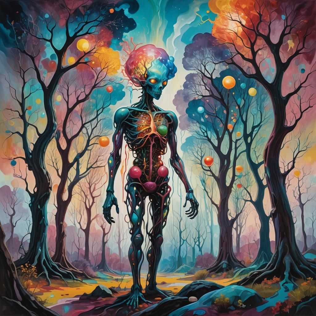 Surreal Humanoid Figure in Dreamlike Landscape