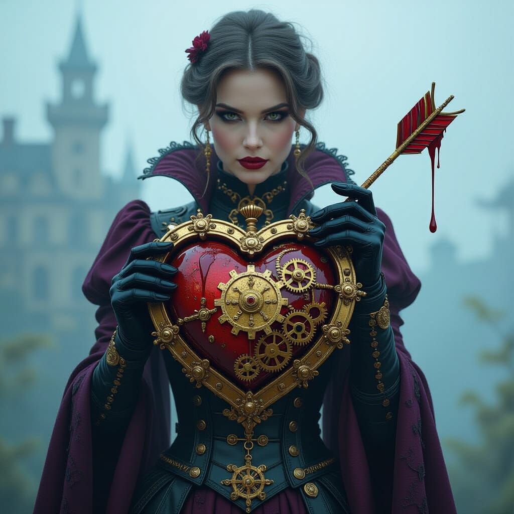 Steampunk Heart Pierced by Arrow, Victorian Queen Background