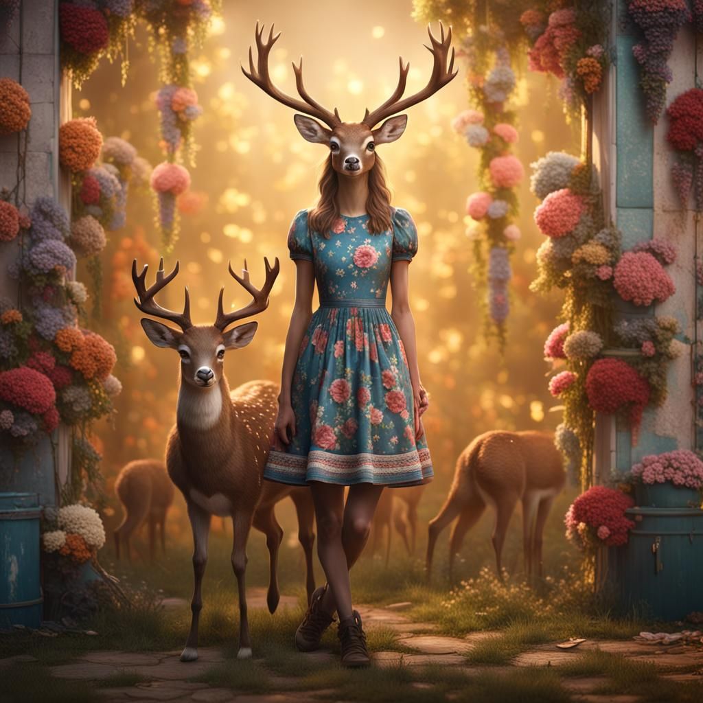 Feminine Deer Hybrid in Americana Setting
