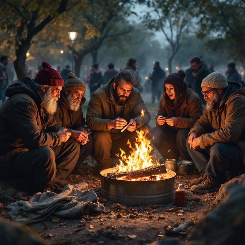 Homeless People Gathered Around Fire as Impressionist Painti...