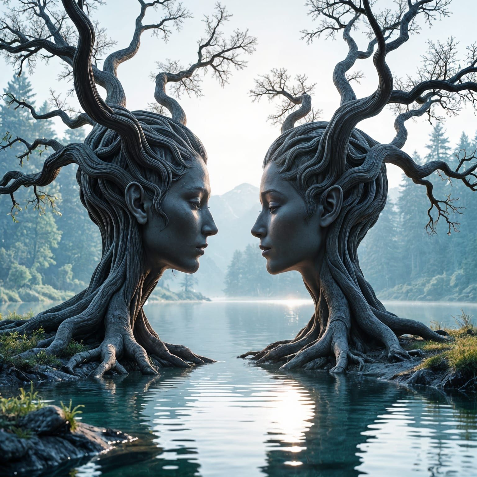 Ancient Tree Forms Human Profiles by Calm Lake