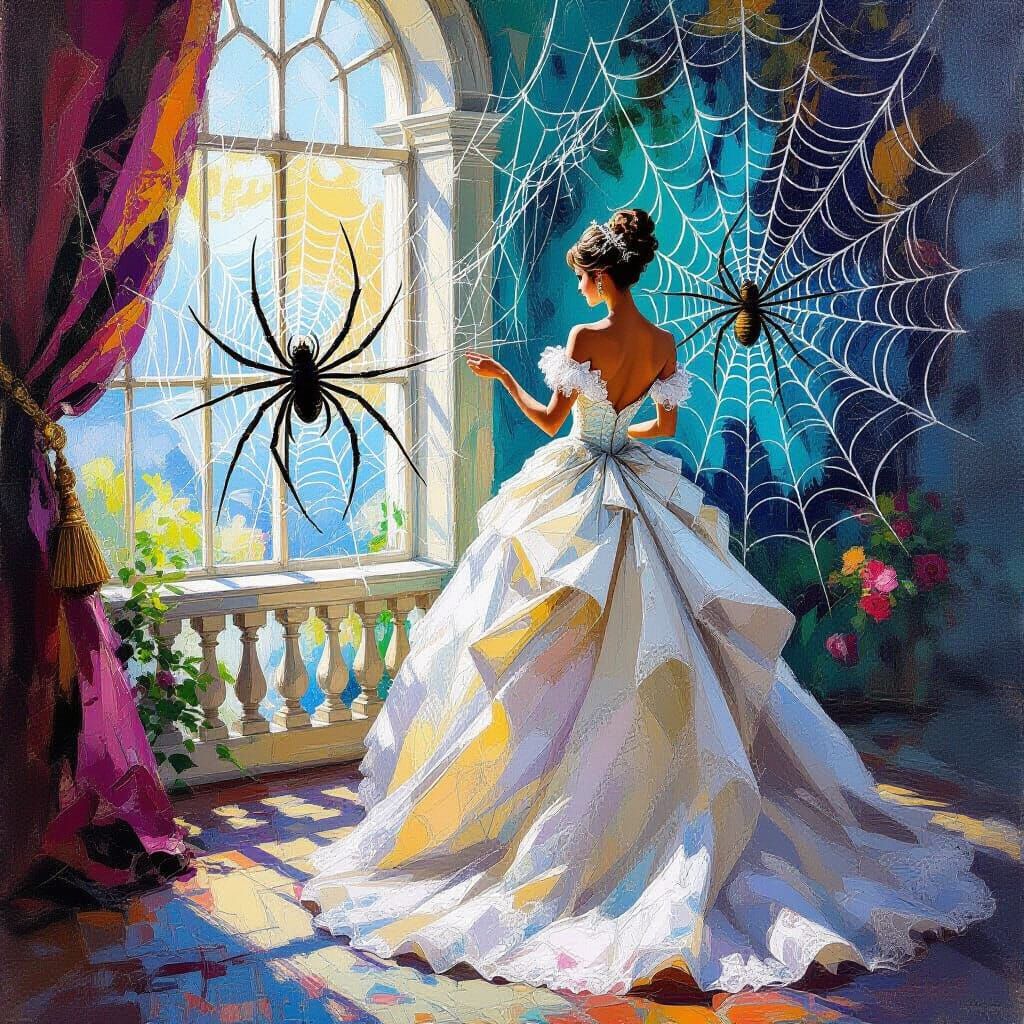 Spiders Weave Queen's Dress in Impressionist Masterpiece Sty...