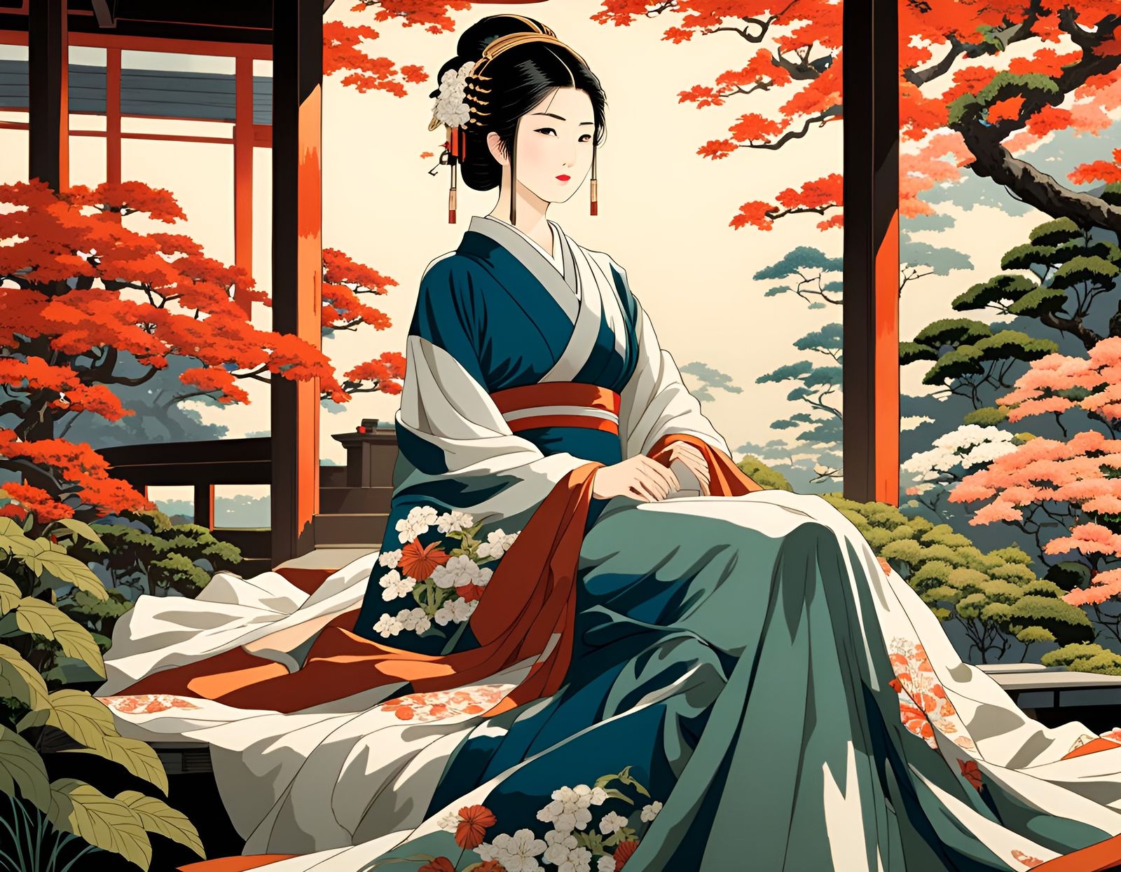 Serene Geisha in Ukiyo-e Garden