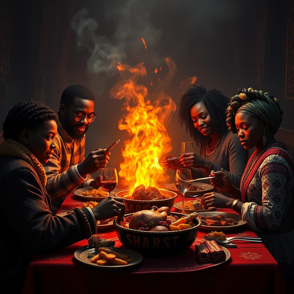 Vibrant Black Family Thanksgiving Feast in a Fantastical Set...