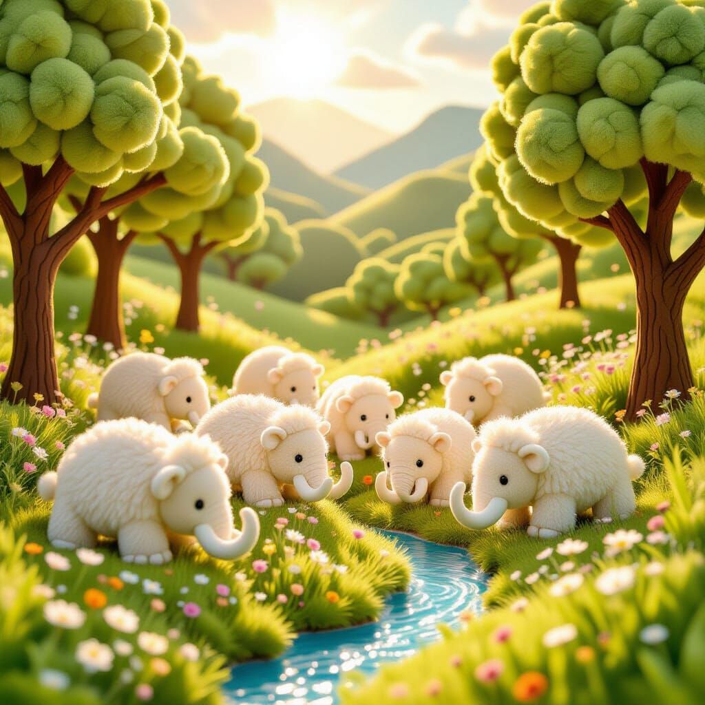 Plush Mammoths in Whimsical Felt Valley
