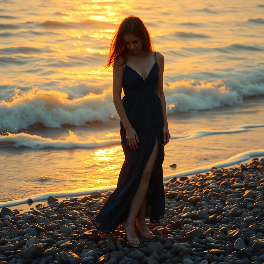 Melancholic Woman on Pebble Beach in Surreal Style