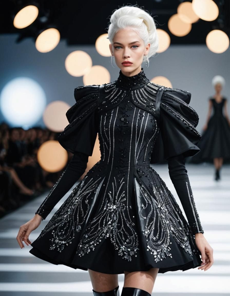 Fashion Model in Black Dress on Catwalk