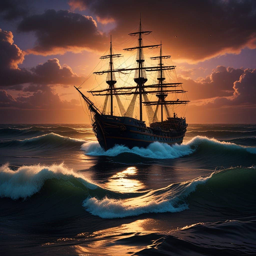 Epic Cinematic Film Still of a Worn-Out Ship in Turbulent Wa...